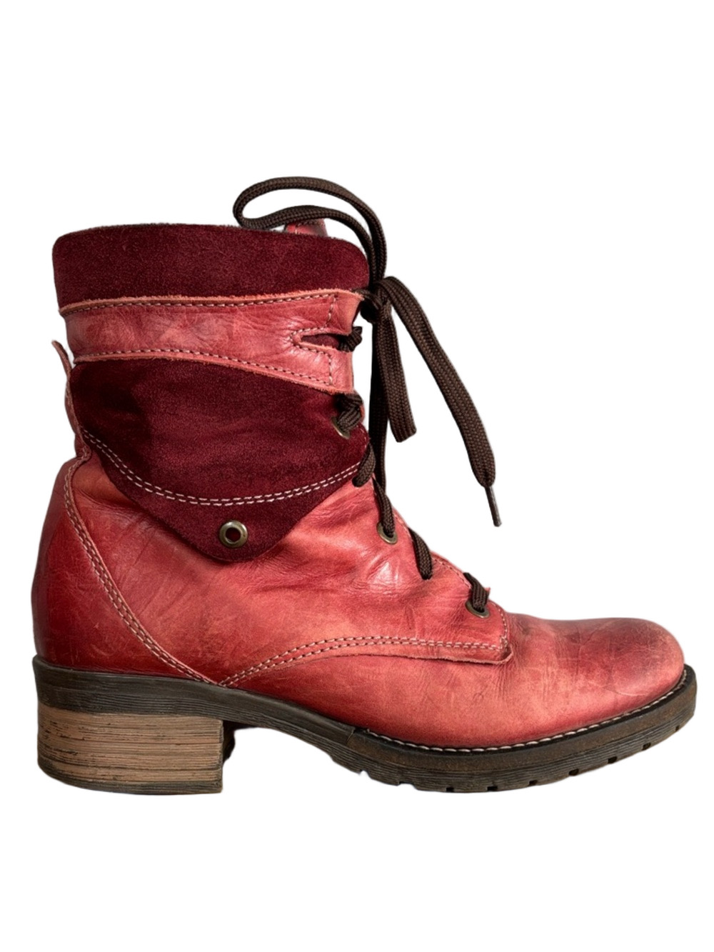 Dromedaris Kara Scrunched Red Leather Combat Boots Size 38 Distressed Lace Up